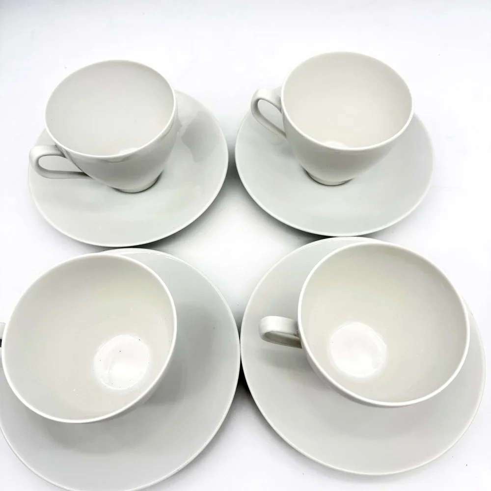 Rörstrand Blanca Set 4 Cups & Saucers 611 White Porcelain Sweden Vintage